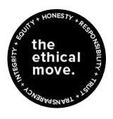 "The Ethical Move logo in [white on black] [with values in a circle outline: Honesty, Responsibility, Trust, Transparency, Integrity, Equity]. www.theethicalmove.org